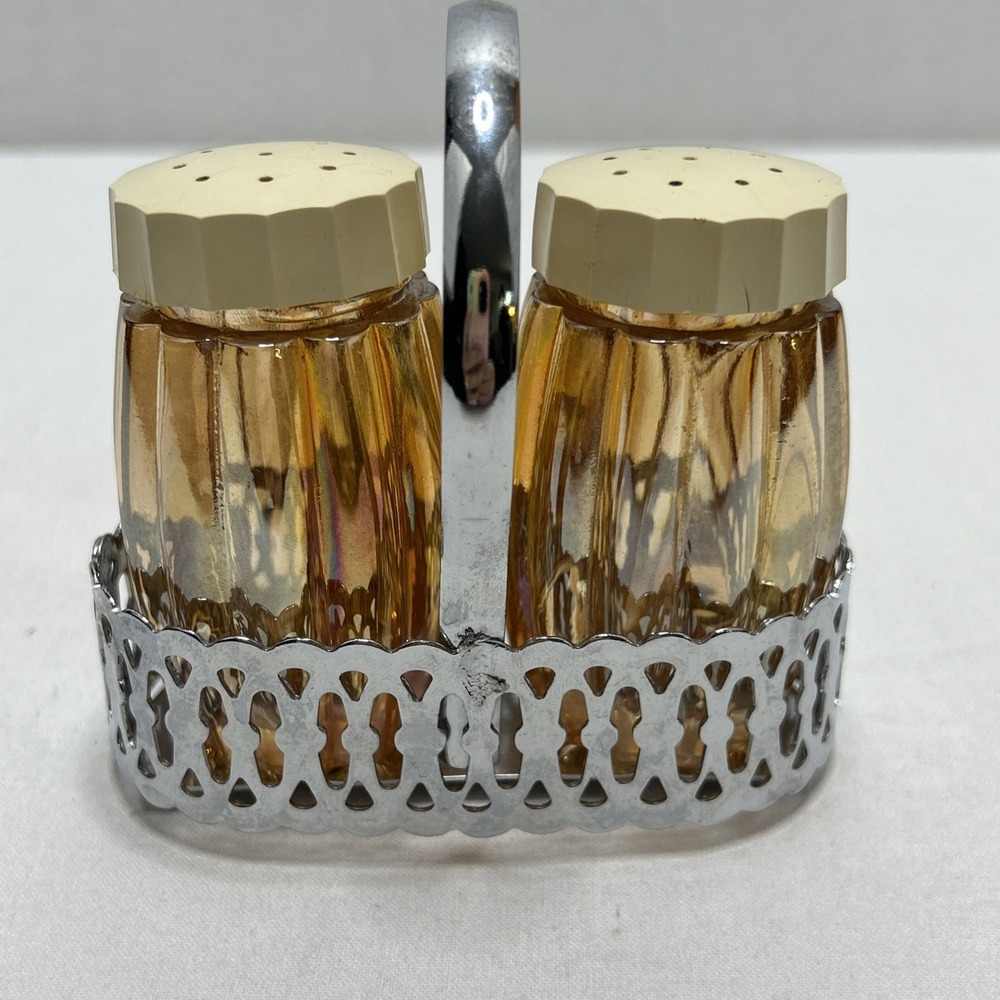 Vintage Iridescent Marigold Carnival Glass Mellon Rib Salt & Pepper Set Caddy